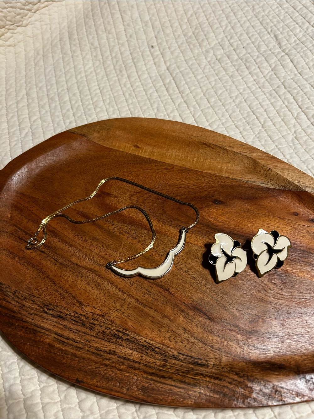 Gold-Tone Cream Enamel Necklace and Earrings Set